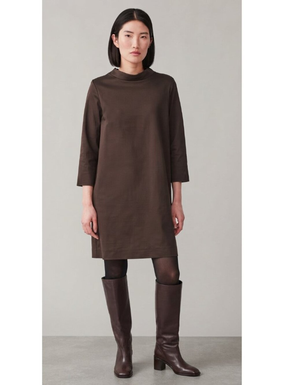 COS Minimalist Brown Chocolate Shift Dress Knee Length Mock Neck 3/4 Sleeve 100%